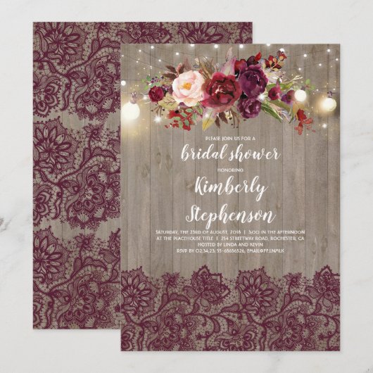 Burgundy Floral Lace Rustic Vrijgezellenfeest Kaart (Voorkant / Achterkant)