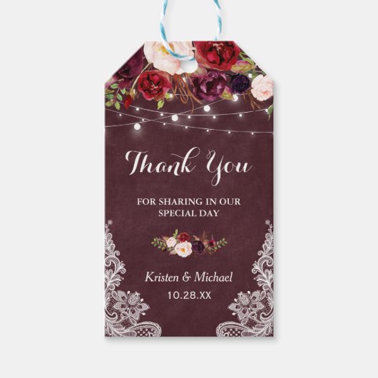 Burgundy Floral Lace Wedding Favor Dank je Cadeaulabel (Voorkant)