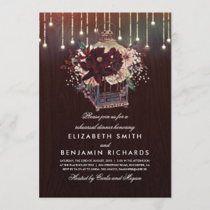 Burgundy Floral Lantern Rustic Rehearsal Dinner Kaart