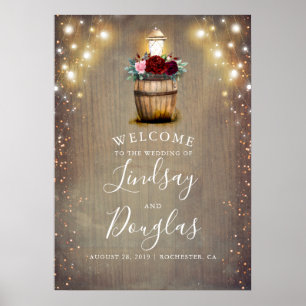 Burgundy Floral Lantern Rustic Wedding Sign Poster