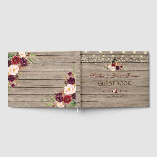Burgundy Floral Lantern String Lights Wedding Gastenboek (Volledig)