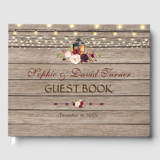 Burgundy Floral Lantern String Lights Wedding Gastenboek (Voorkant)