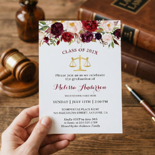 Burgundy Floral Law School Graduparty Kaart