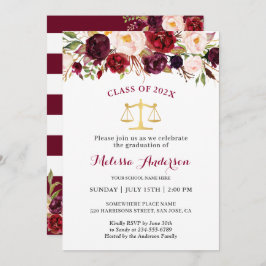 Burgundy Floral Law School Graduparty Kaart