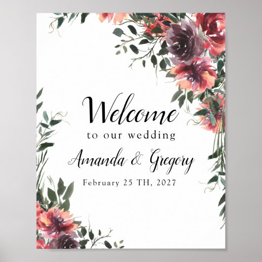 Burgundy Floral Leafy Weddenschap Welkomstteken Poster (Voorkant)