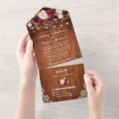 Burgundy Floral Lights Lace Rustic Wood Weddenscha All In One Uitnodiging (Afscheurbaar)