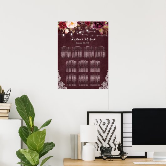 Burgundy Floral Lights Lace Wedding Seding Chart Poster (Thuiskantoor)