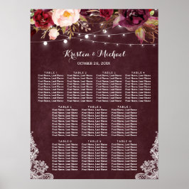 Burgundy Floral Lights Lace Wedding Seding Chart Poster