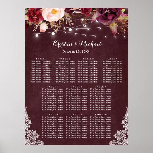 Burgundy Floral Lights Lace Wedding Seding Chart Poster (Voorkant)