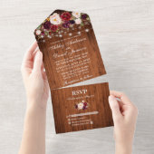 Burgundy Floral Lights Rustic Wood Weddenschap All In One Uitnodiging (Afscheurbaar)