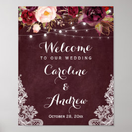 Burgundy Floral Lights Weddenschap Welkom Poster