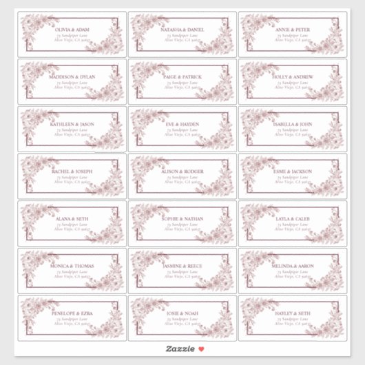 Burgundy Floral Line Art Guest adres Sticker (Vel)