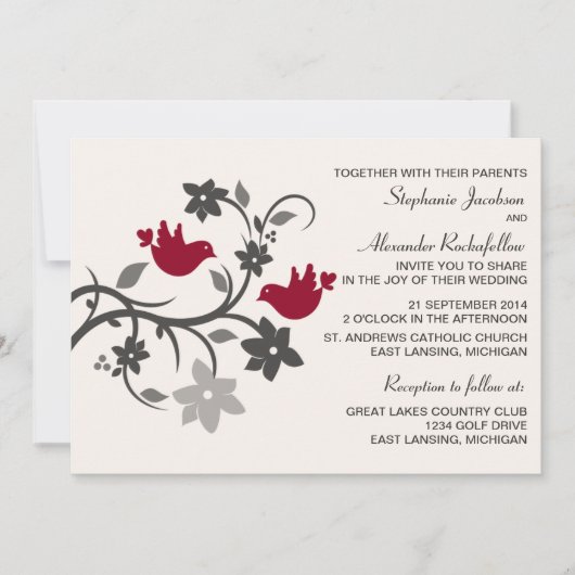 Burgundy Floral Lovebird Wedding Invitation Kaart (Voorkant)