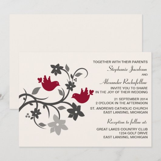 Burgundy Floral Lovebird Wedding Invitation Kaart (Voorkant / Achterkant)