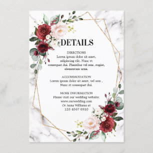Burgundy Floral Marble Geometric Wedding Details Informatiekaartje