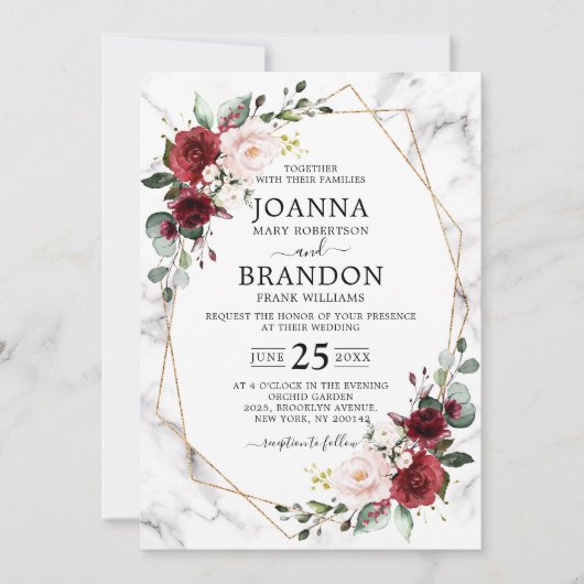 Burgundy Floral Marble Geometric Wedding Kaart (Voorkant)