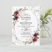 Burgundy Floral Marble Geometric Wedding Kaart (Staand voorkant)