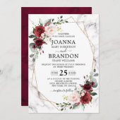 Burgundy Floral Marble Geometric Wedding Kaart (Voorkant / Achterkant)