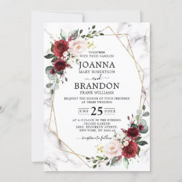 Burgundy Floral Marble Geometric Wedding Kaart