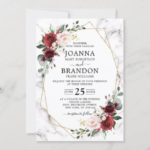 Burgundy Floral Marble Geometric Wedding Kaart