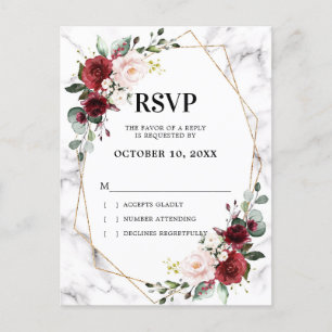 Burgundy Floral Marble Geometric Wedding RSVP Briefkaart