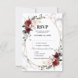Burgundy Floral Marble Geometric Wedding RSVP Kaartje