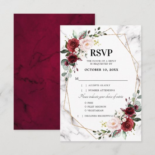Burgundy Floral Marble Geometric Wedding RSVP Kaartje (Voorkant / Achterkant)