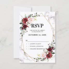 Burgundy Floral Marble Geometric Wedding RSVP Kaartje