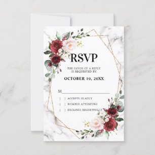 Burgundy Floral Marble Geometric Wedding RSVP Kaartje
