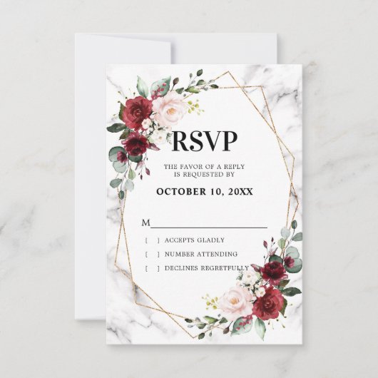 Burgundy Floral Marble Geometric Wedding RSVP Kaartje (Voorkant)