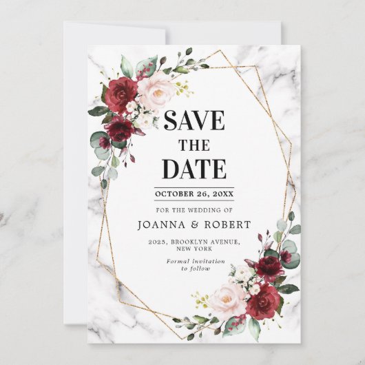 Burgundy Floral Marble Geometric Wedding Save The Date (Voorkant)