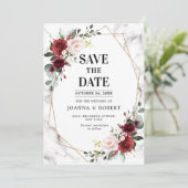 Burgundy Floral Marble Geometric Wedding Save The Date (Staand voorkant)