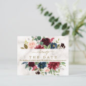 Burgundy Floral Marble Wedding Postponed New Plan Briefkaart (Staand voorkant)