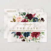 Burgundy Floral Marble Wedding Postponed New Plan Briefkaart (Voorkant / Achterkant)