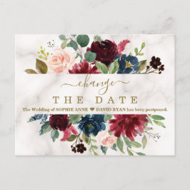 Burgundy Floral Marble Wedding Postponed New Plan Briefkaart
