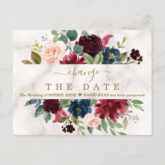 Burgundy Floral Marble Wedding Postponed New Plan Briefkaart (Voorkant)