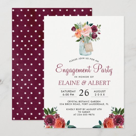Burgundy Floral Mason Jar Engagement Party Kaart (Voorkant / Achterkant)