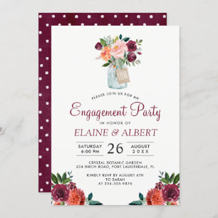 Burgundy Floral Mason Jar Engagement Party Kaart