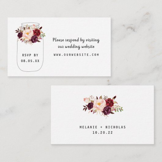 Burgundy Floral Mason Jar rsvp Informatiekaartje (Voorkant / Achterkant)