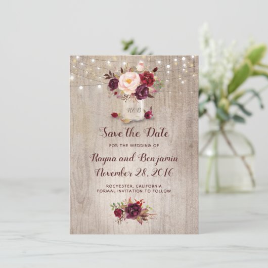Burgundy Floral Mason Jar Rustic Save the Date (Staand voorkant)
