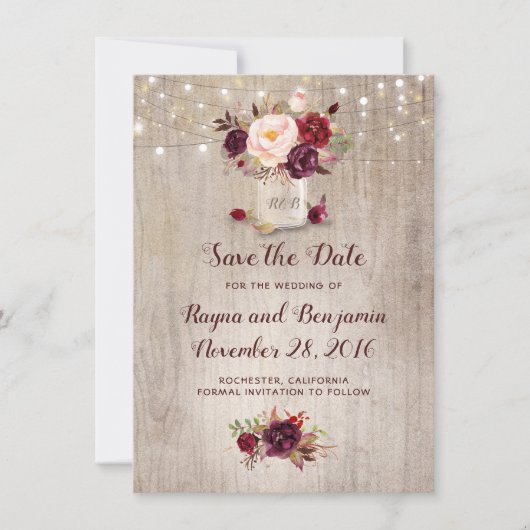 Burgundy Floral Mason Jar Rustic Save the Date (Voorkant)