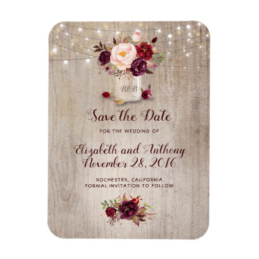 Burgundy Floral Mason Jar Rustic Save the Date Magneet (Verticaal)