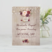 Burgundy Floral Mason Jar Rustic Wedding Kaart (Staand voorkant)