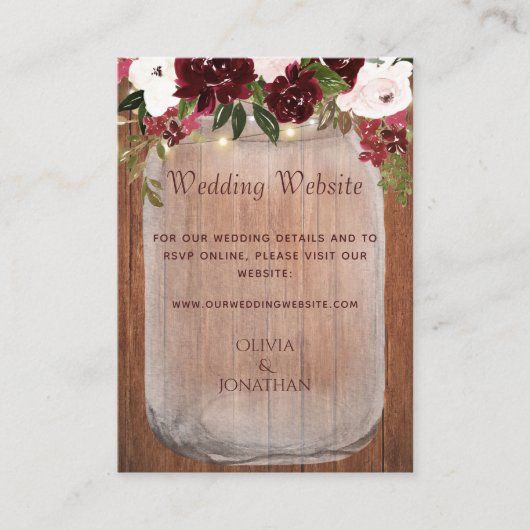 Burgundy Floral Mason Jar Rustic Wedding Website Informatiekaartje (Voorkant)