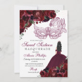 Burgundy Floral Masquerade Sweet 16 Uitnodiging (Voorkant)