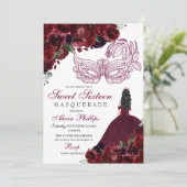 Burgundy Floral Masquerade Sweet 16 Uitnodiging (Staand voorkant)