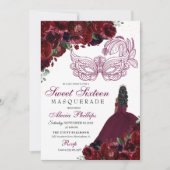 Burgundy Floral Masquerade Sweet 16 Uitnodiging (Voorkant)