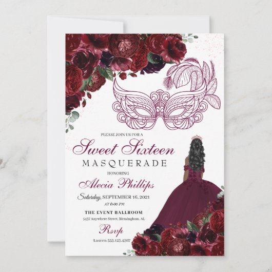 Burgundy Floral Masquerade Sweet 16 Uitnodiging (Voorkant)