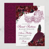 Burgundy Floral Masquerade Sweet 16 Uitnodiging (Voorkant / Achterkant)