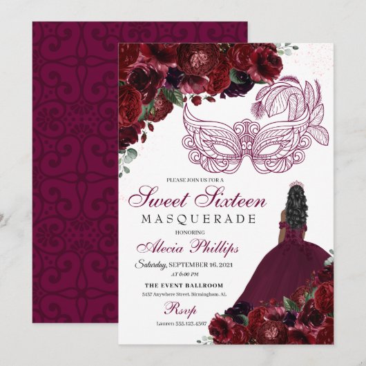 Burgundy Floral Masquerade Sweet 16 Uitnodiging (Voorkant / Achterkant)